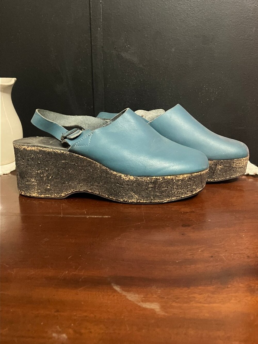 Collectible Vintage 1970s Blue Leather Cork Bottom Clogs Platform Shoes Wedges